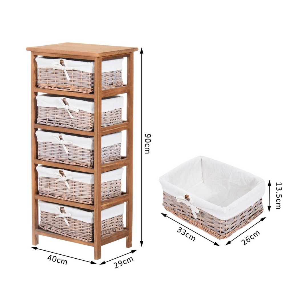 5-Drawers Storage Unit Wooden Frame with Wicker Woven Baskets