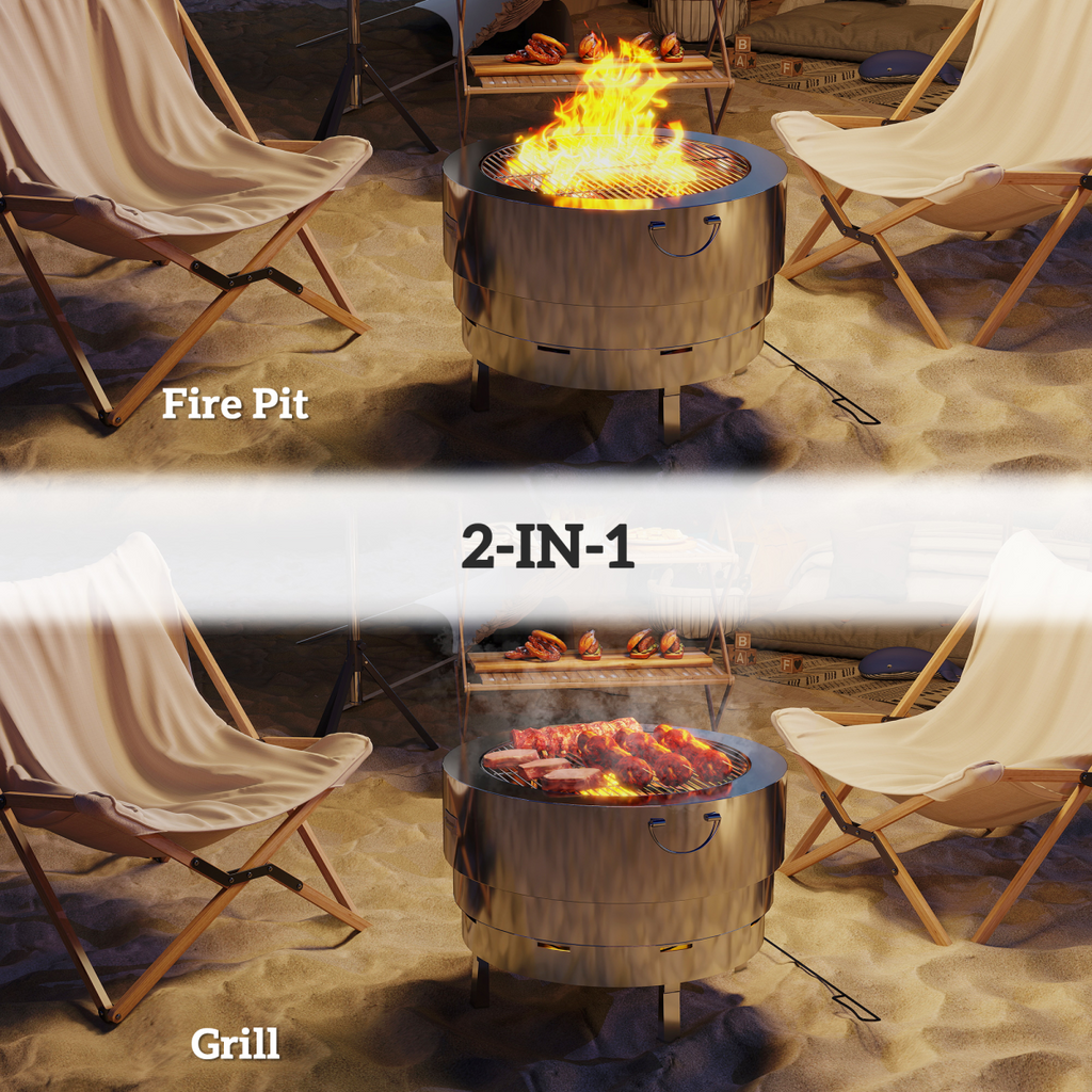 Outsunny Round Fire Pit with Grill Net, Stainless Steel Firepit, Silver
