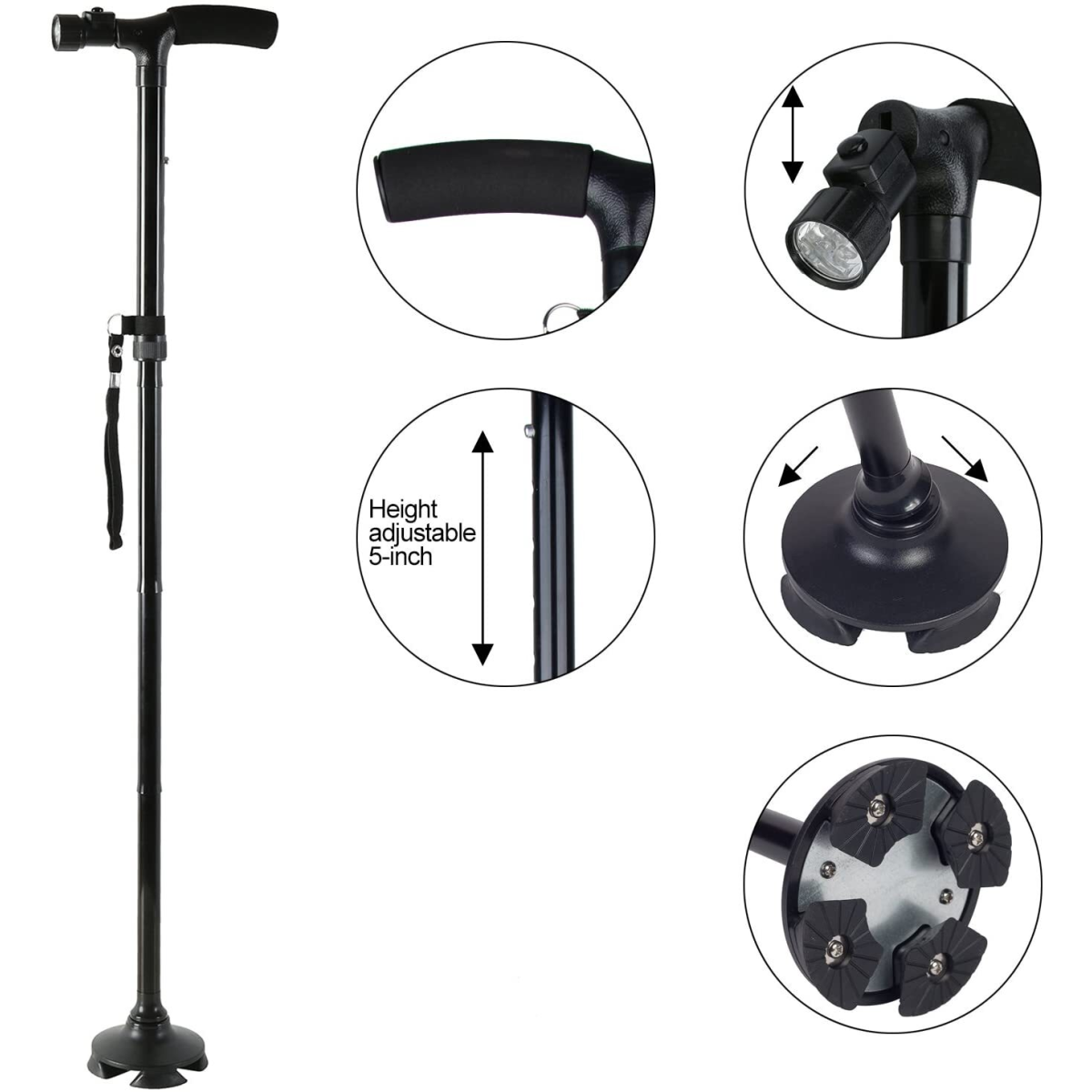 5-Levels Adjustable Height Walking Stick Portable Foldable Cane Travel Camping