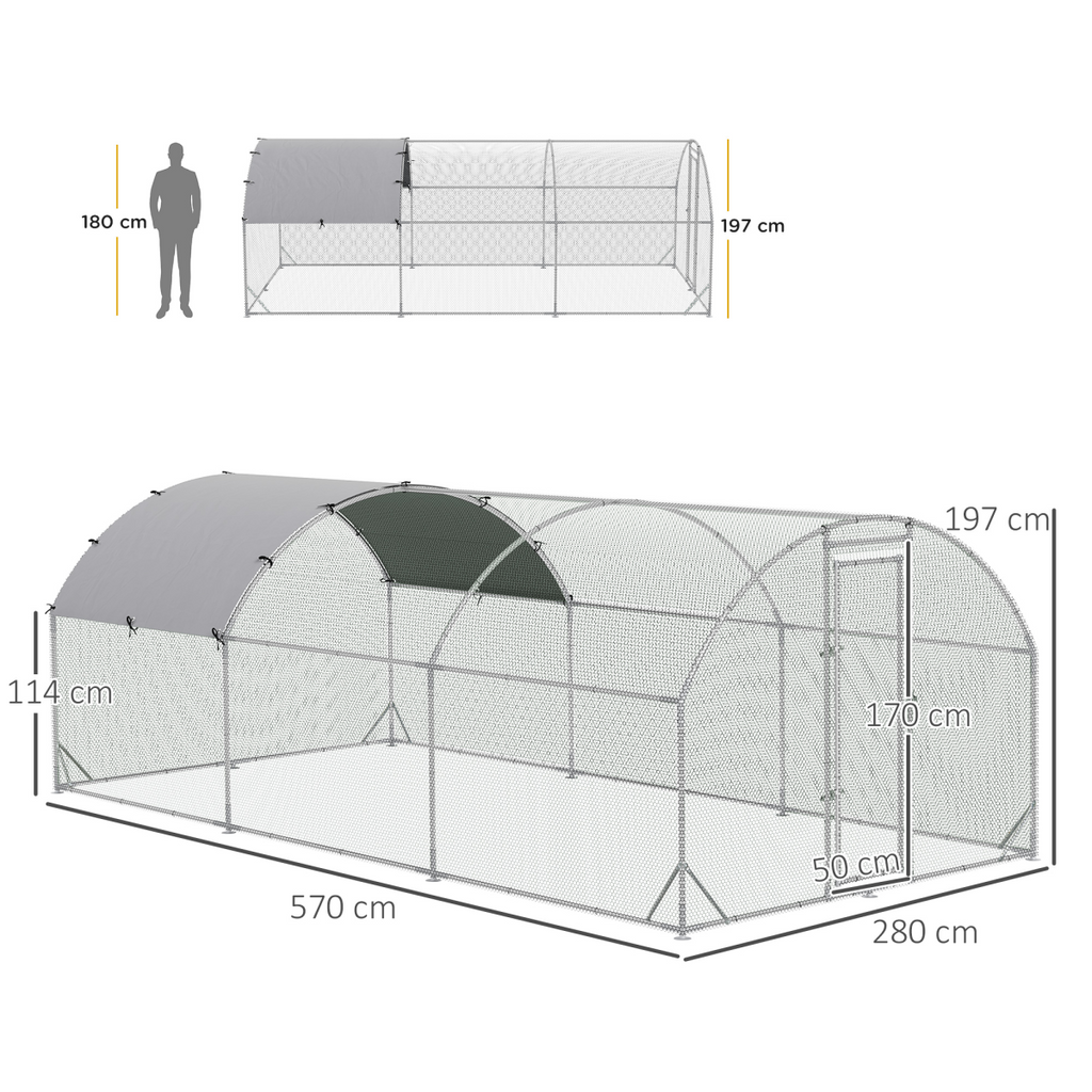 PawHut Walk-In Chicken Run Galvanised Chicken Coop with Cover 2.8 x 1.9 x 2m