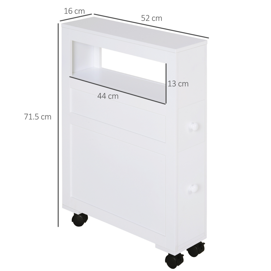 HOMCOM 72x16cm Narrow Bathroom Storage Unit 2 Drawers Open Top 4 Wheels