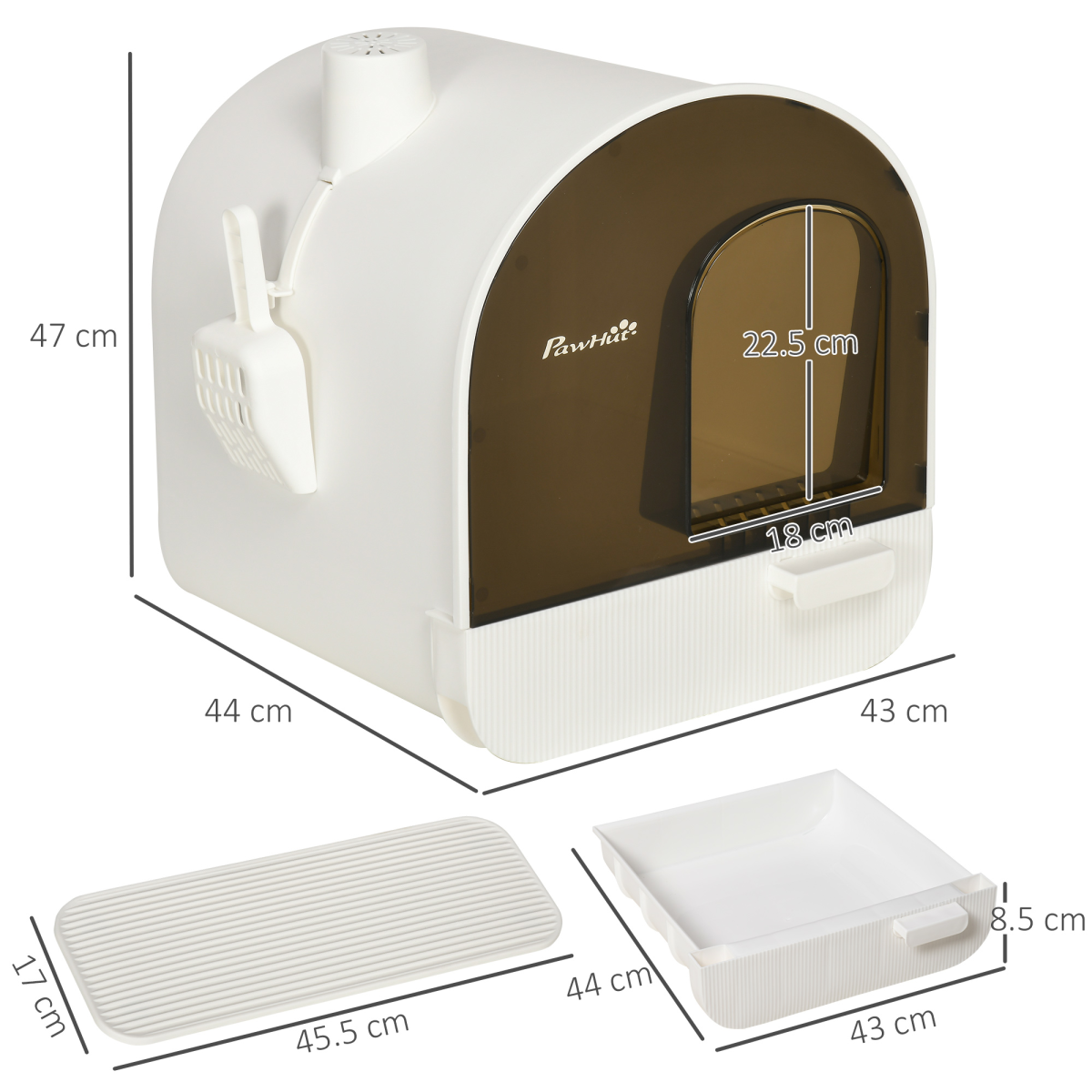 Hooded Cat Litter Tray Kitten Toilet w/ Scoop, Filter, Flap Door 43 x 44 x 47cm