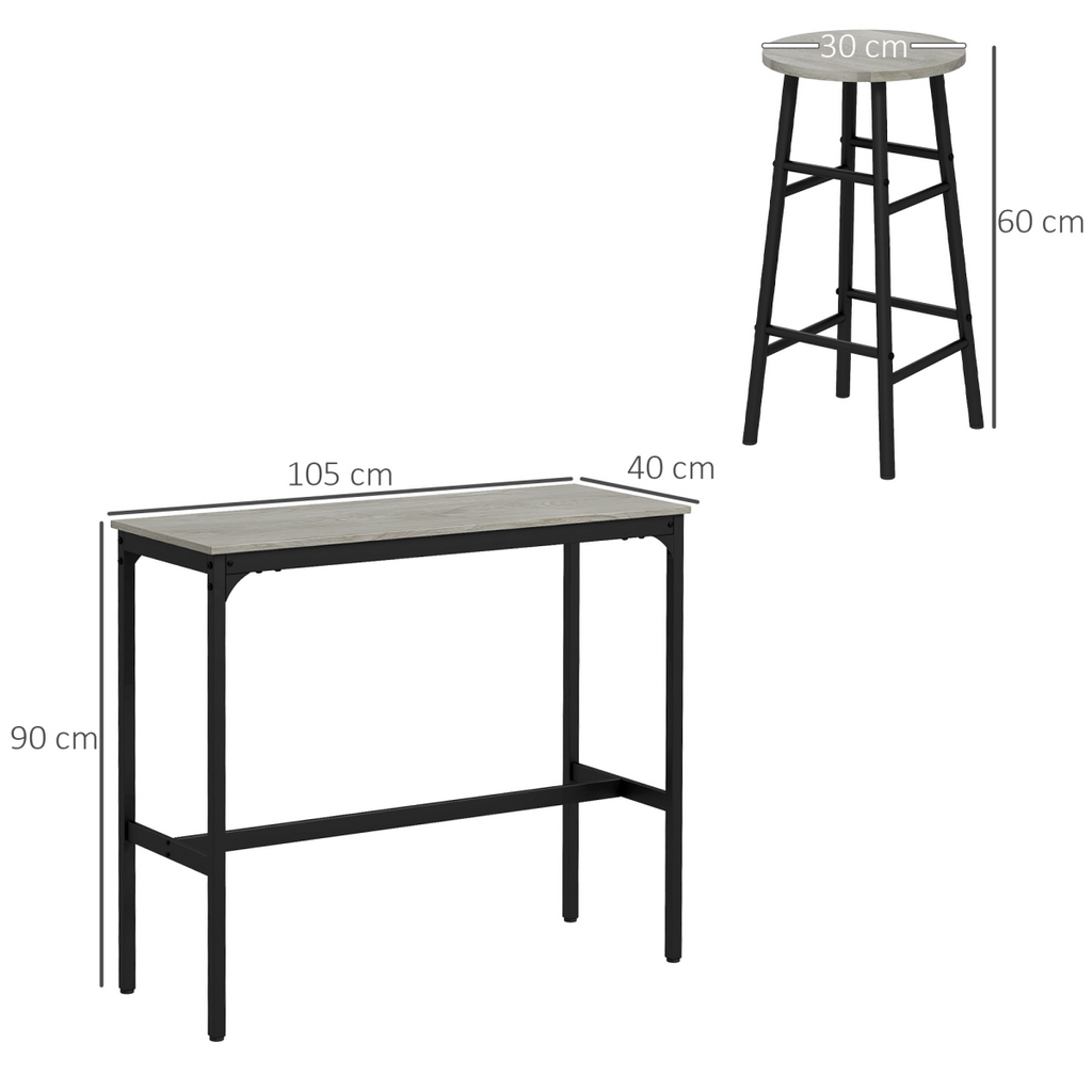 HOMCOM 3 Piece Bar Set, Industrial Kitchen and Chair Set for Small Space, Grey