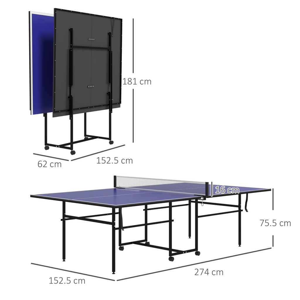 SPORTNOW 9FT Folding Table Tennis Table with 4 Wheels, for Indoors, Blue