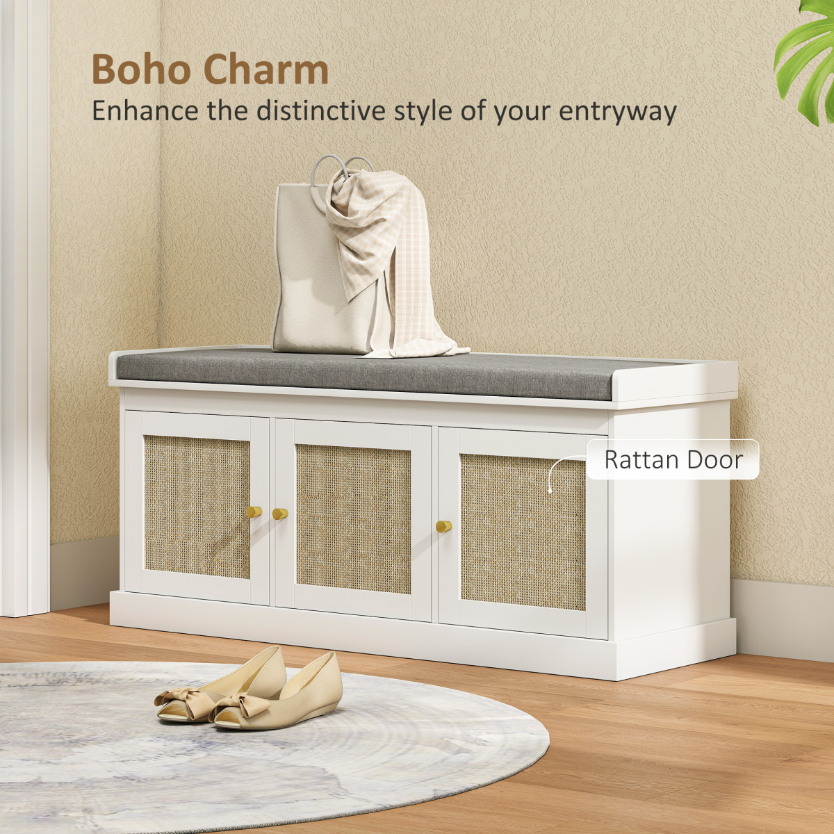 HOMCOM Shoe Storage Bench with Rattan Doors, Cushion, Entryway Shoe Bench