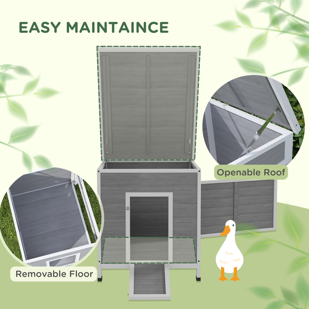 PawHut Wooden Duck House, Poultry Coop with Double Doors, Openable Roof, Grey
