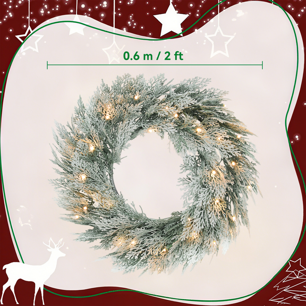 HOMCOM 60 cm Prelit Christmas Wreath, Flocked Front Door Wreath with Timer