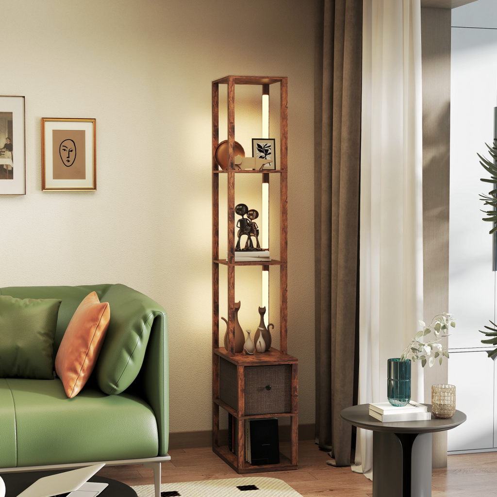 Rustic Brown LED Floor Lamp with Shelves & Drawer