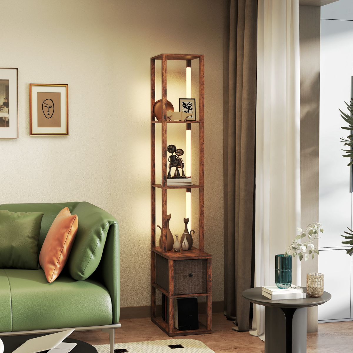 Rustic Brown LED Floor Lamp with Shelves & Drawer