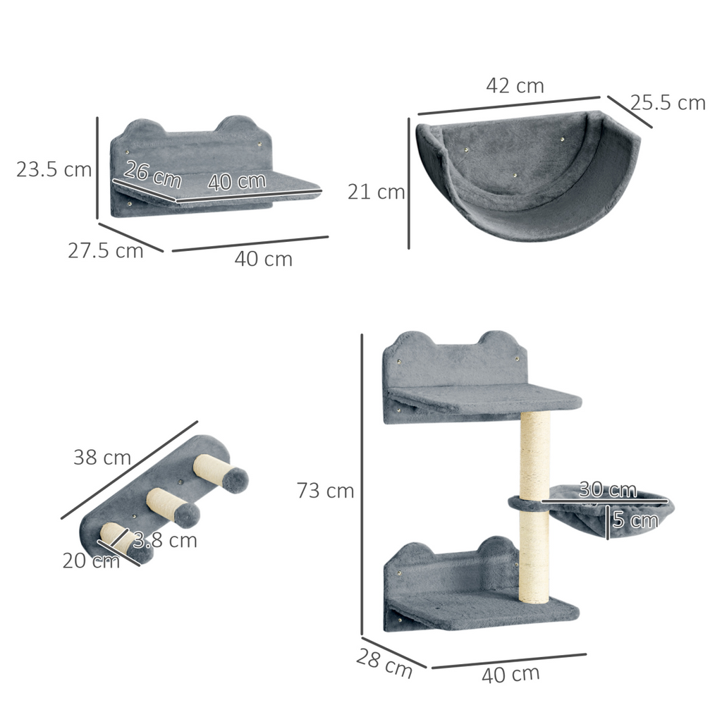 PawHut 4PCs Wall Mounted Cat Tree Cat Wall Shelves W/ Scratching Post Grey