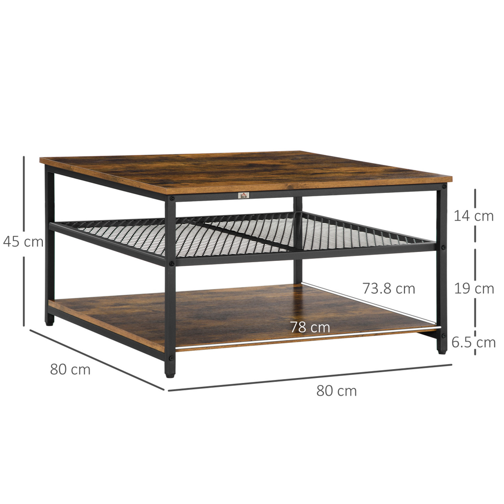 HOMCOM Industrial Coffee Table, Cocktail Table  Storage Shelves, Rustic Brown