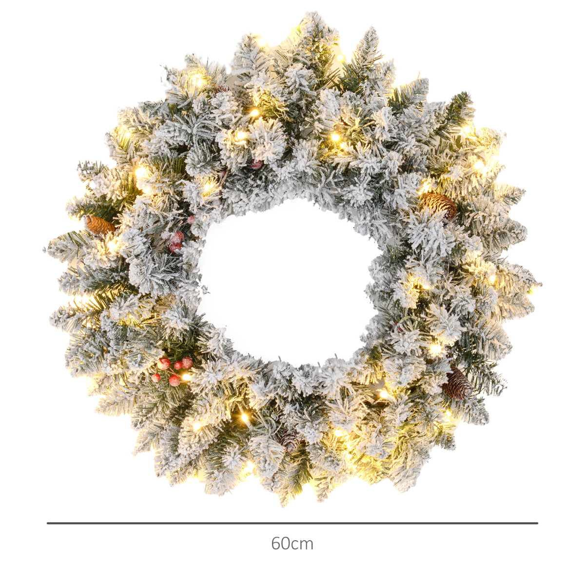 HOMCOM 60cm Flocked Christmas Wreath with Lights Pine Cones Red Berries Green