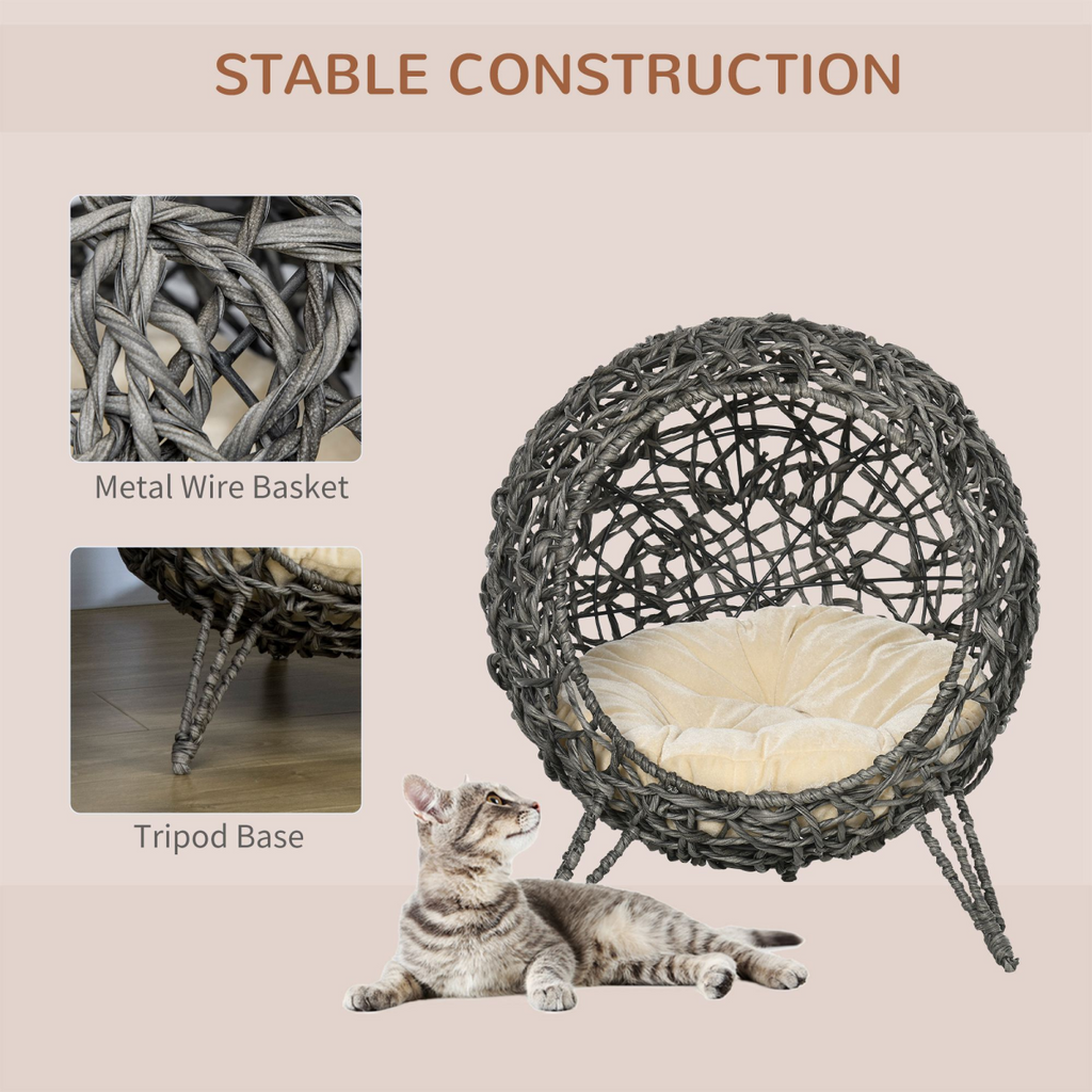 Rattan Elevated Cat House Kitten Bed Pet Furniture w/ Cushion Grey