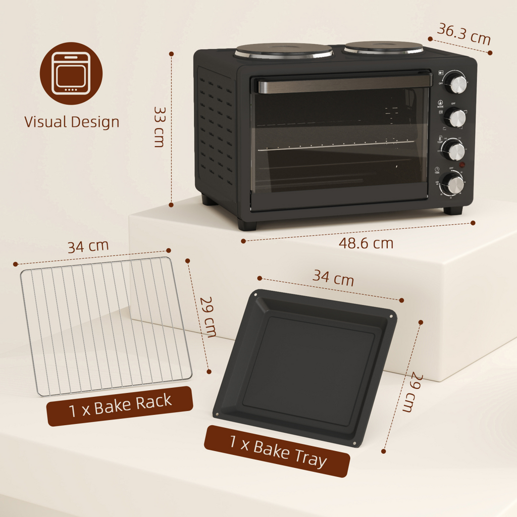 HOMCOM 28L Countertop Toaster Oven with 2 Hot Plates, Grill, Roast, Bake