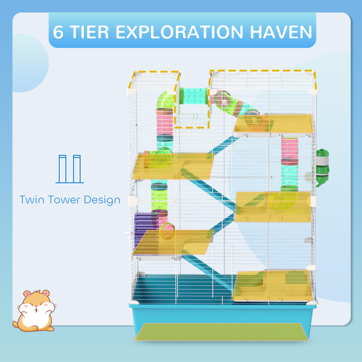 PawHut 6 Tier Hamster Cage with Twin Tower and Accessories, Light Blue