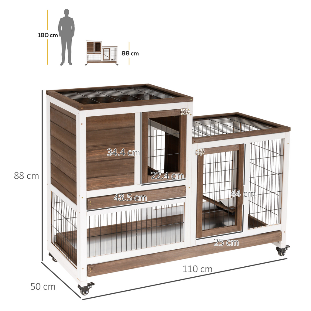Wooden Rabbit Hutch Bunny Guinea Pigs House Cage Wheels Indoor 110 x 50 x 86cm