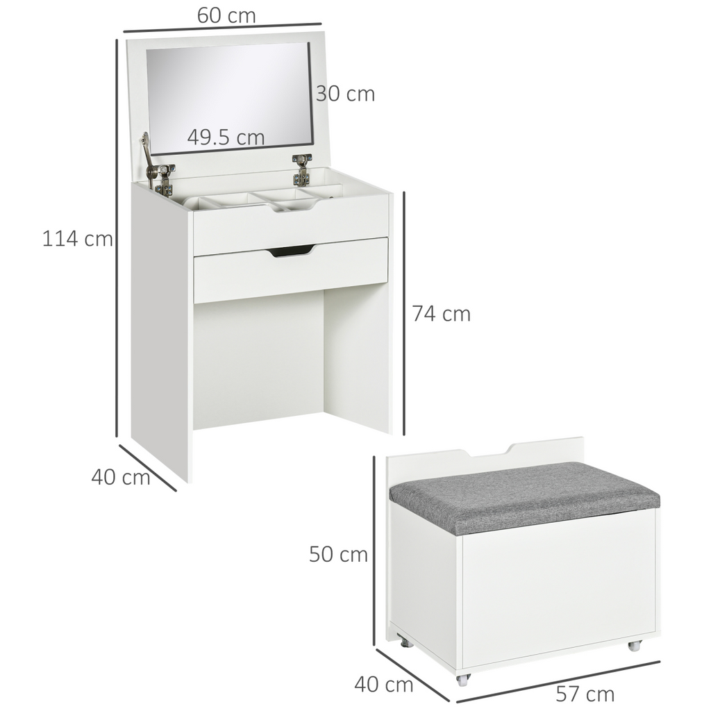 Dressing Table Set w/ Flip-up Mirror & Stool, Drawer and Compartments, White