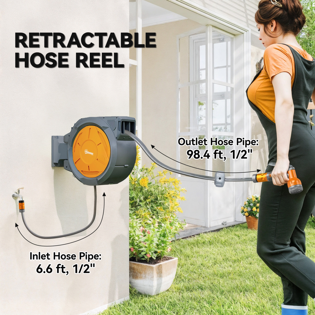 Outsunny Retractable Hose Reel Wall Mounted with Lock, Orange
