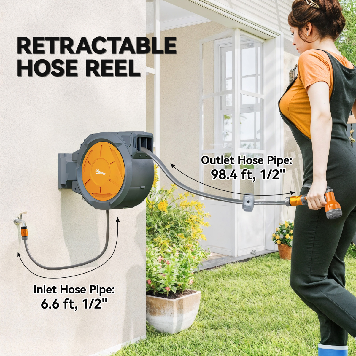Outsunny Retractable Hose Reel Wall Mounted with Lock, Orange