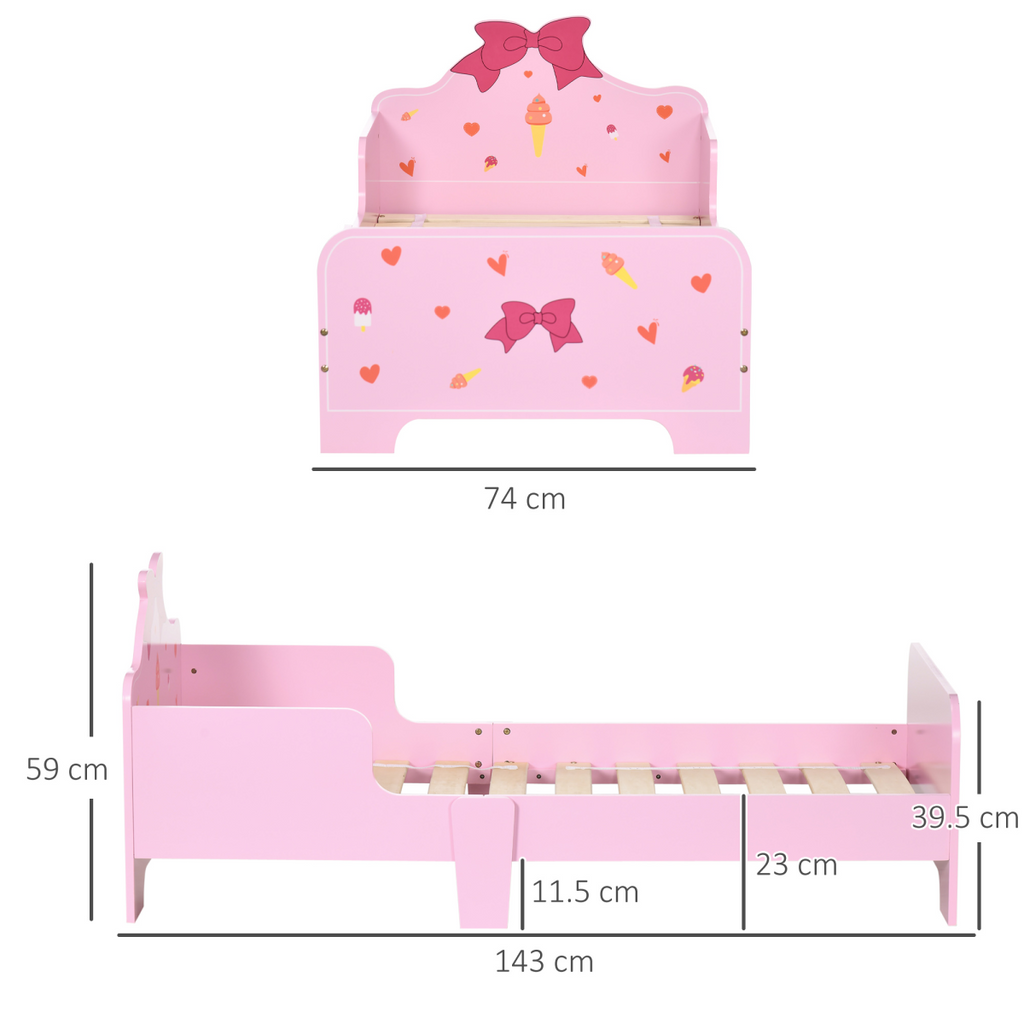 Princess-Themed Kids Toddler Bed with Cute Patterns, Safety Rails - Pink