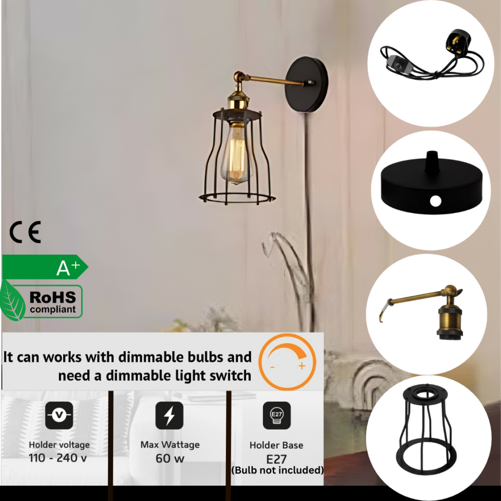 ?Black Industrial Plug-In Wall Sconce with Dimmer Adjustable Arm Lamp~2259