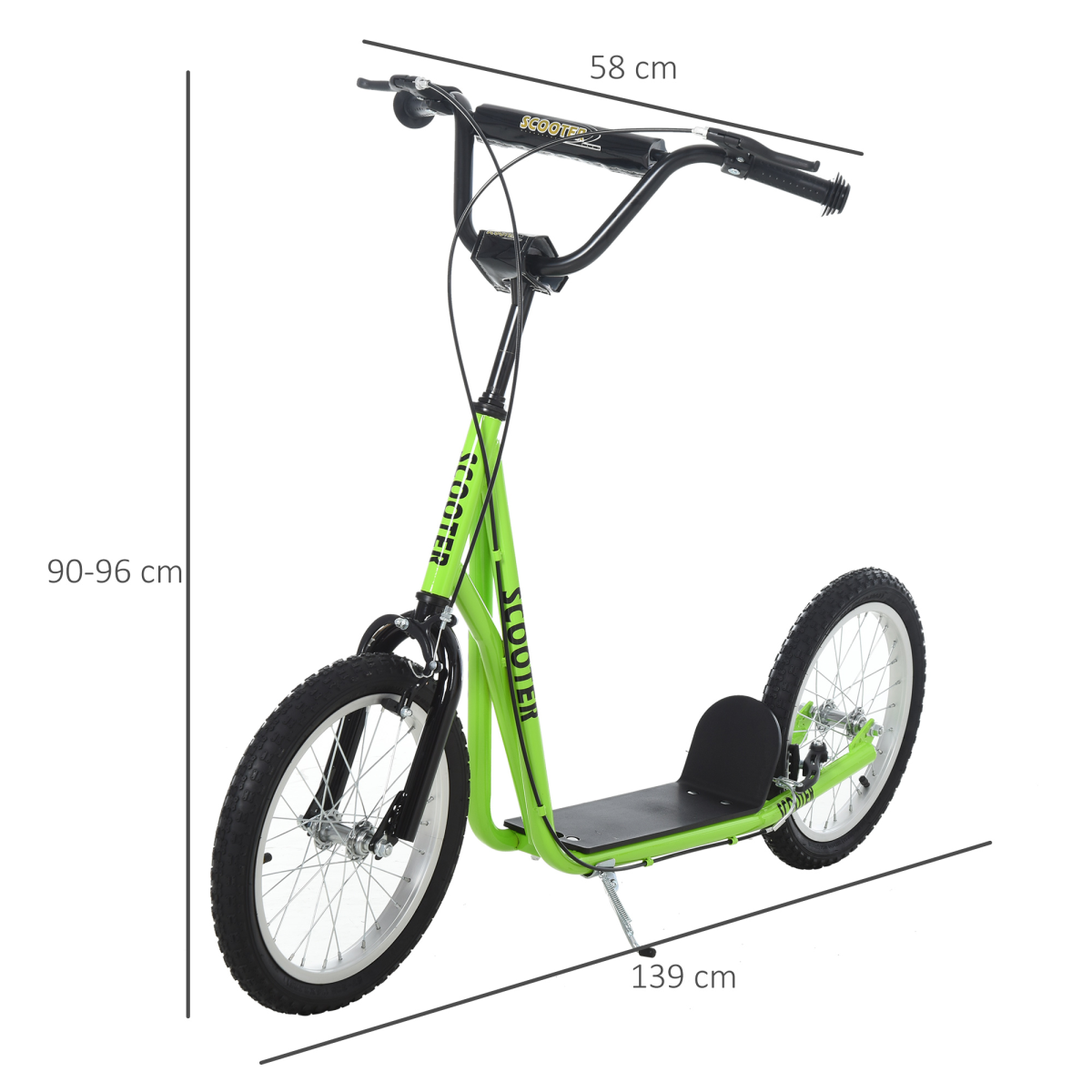 HOMCOM 90-96cm Kids Kick Scooter Adjustable Handlebar Inflatable Wheels Green