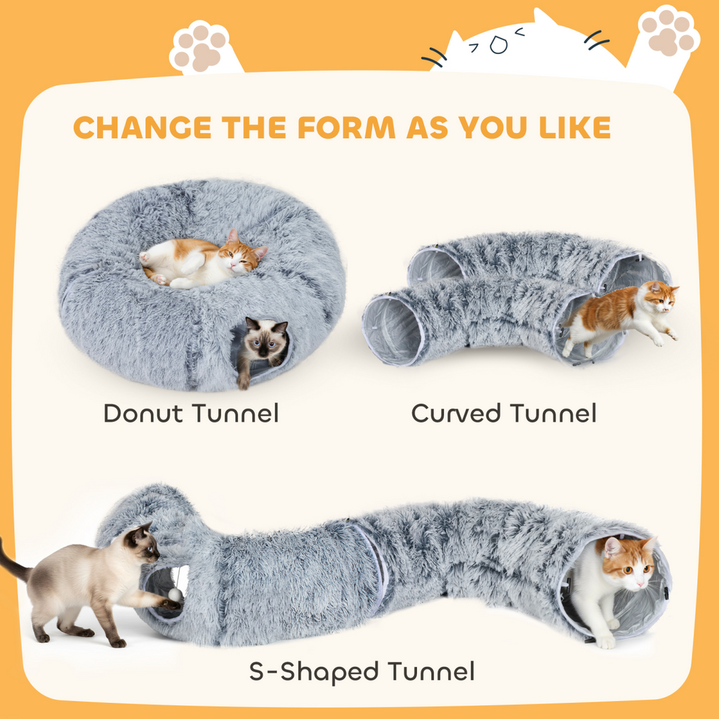 PawHut Donut Play Tunnel Bed with Washable Cushion and Toy Ball, Light Grey