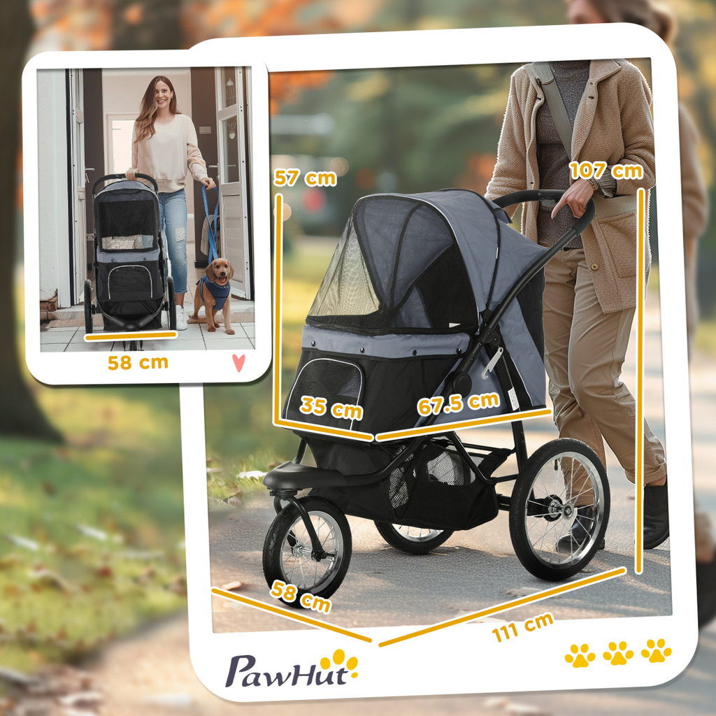 3 Wheel Pet Stroller, for Medium Small Dogs, Foldable Cat Pram - Grey