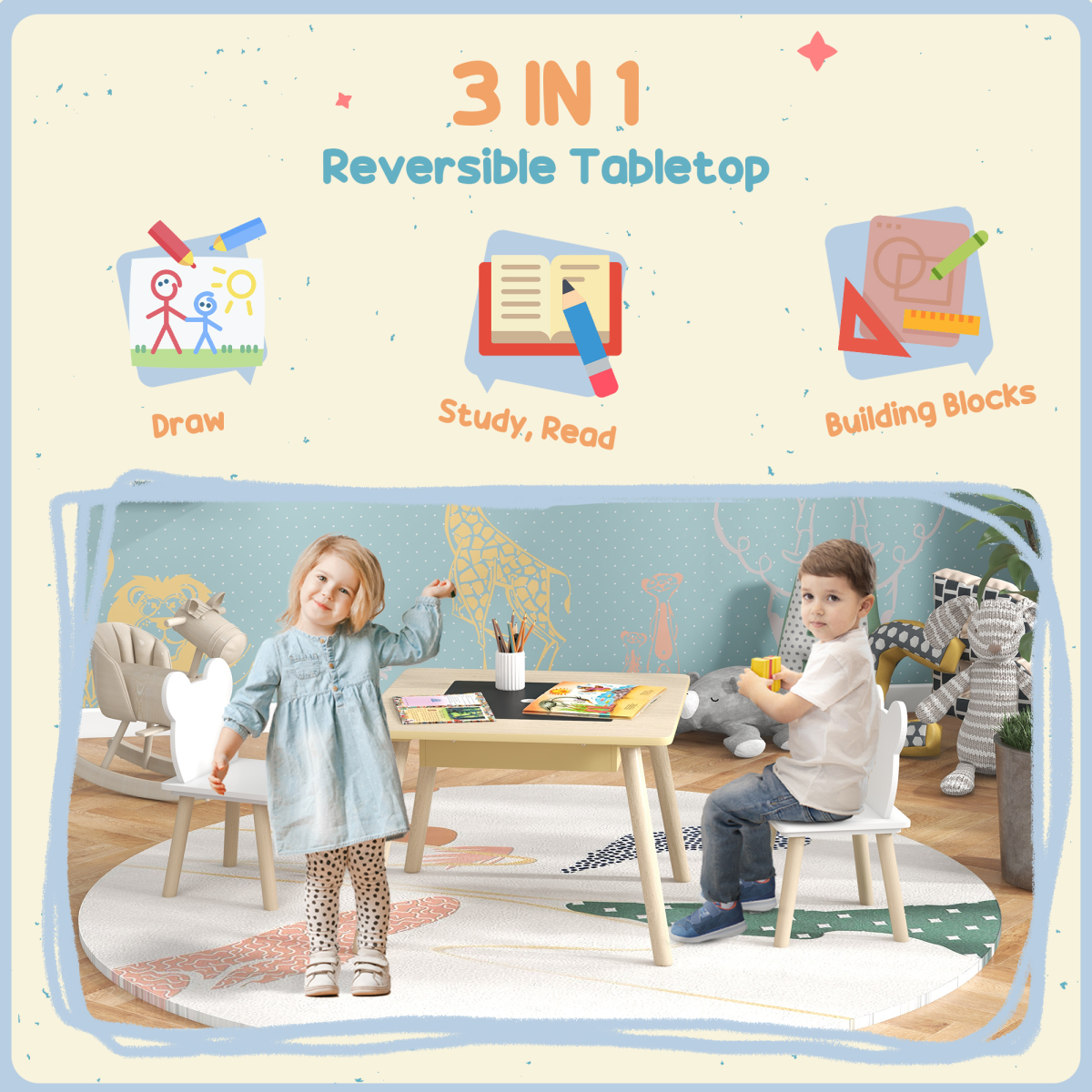 AIYAPLAY 3-Piece Toddler Table and Chairs Set for Nursery, Playroom