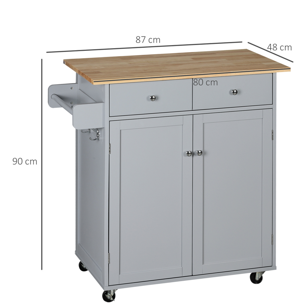 Rolling Kitchen Cart with Rubber Wood Top, Towel Rack, Hooks and Drawers Grey