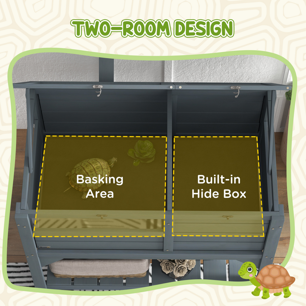 PawHut Wooden Tortoise House w/ Run, Shelter, Shelf, Lamp Holder, Grey