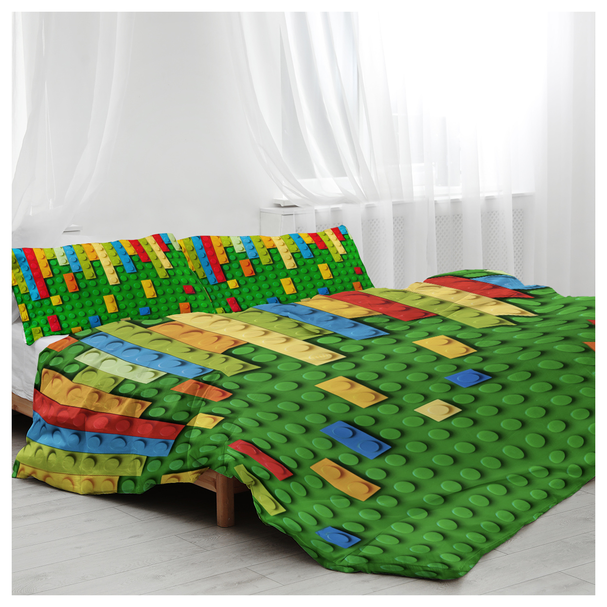 Green Blocks Duvet Cover Set Single 3pcs Colorful Microfiber Kids Bedding Set