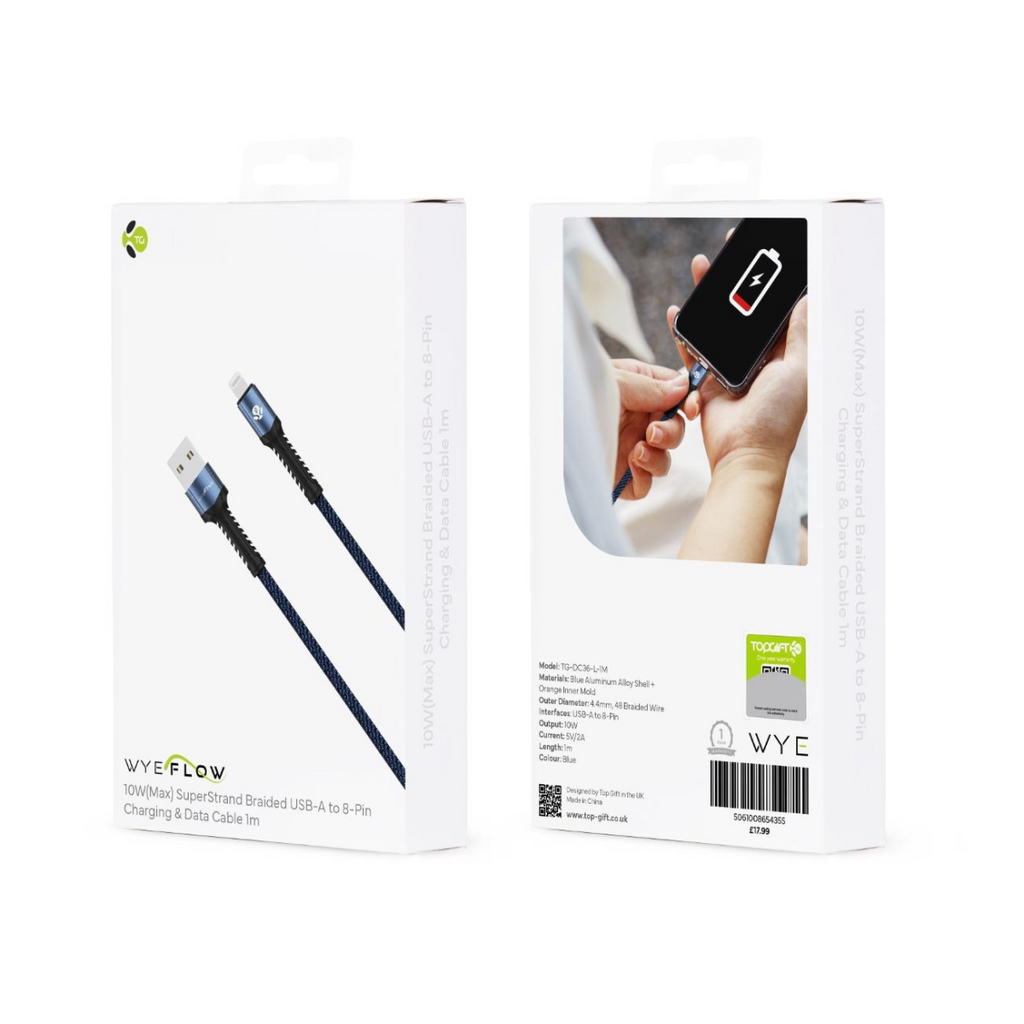 WYEFLOW 10w SuperStrand Braided USB to 8-Pin Charging & Data Cable 1m