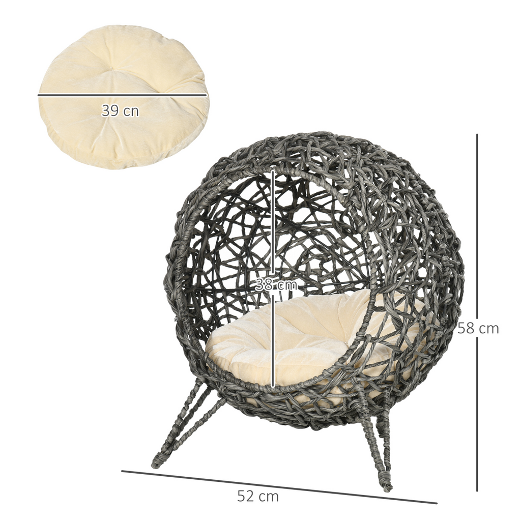 Rattan Elevated Cat House Kitten Basket Pet Bed w/ Cushion - Silver-Tone, Grey