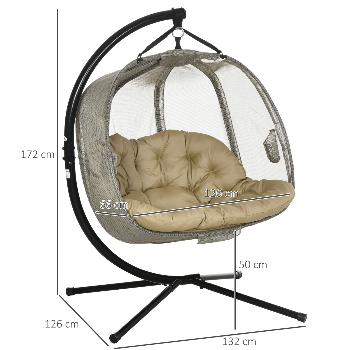 Double Hanging Egg Chair 2 Seaters Swing Hammock w/ Cushion, Brown