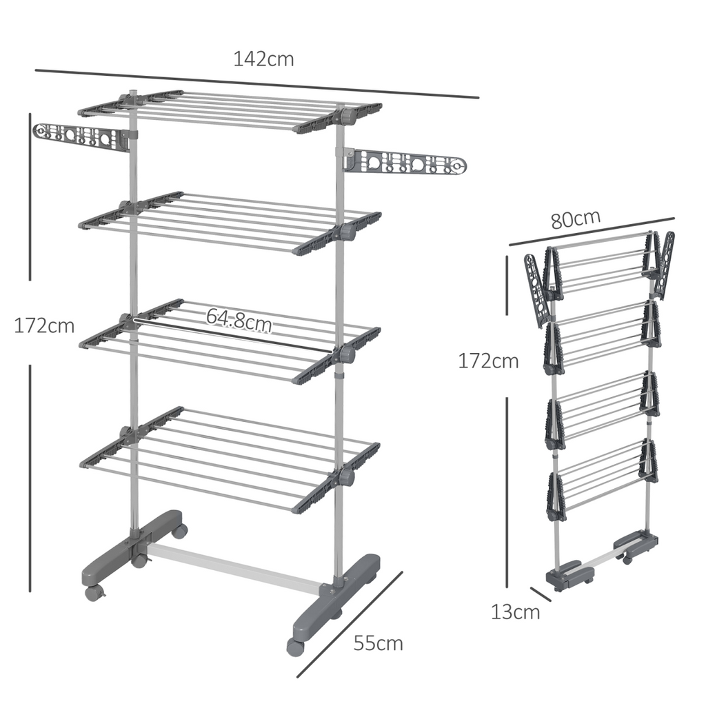 HOMCOM 4-Tier Large Clothes Airer Stainless Steel Clothes Drying Rack Grey