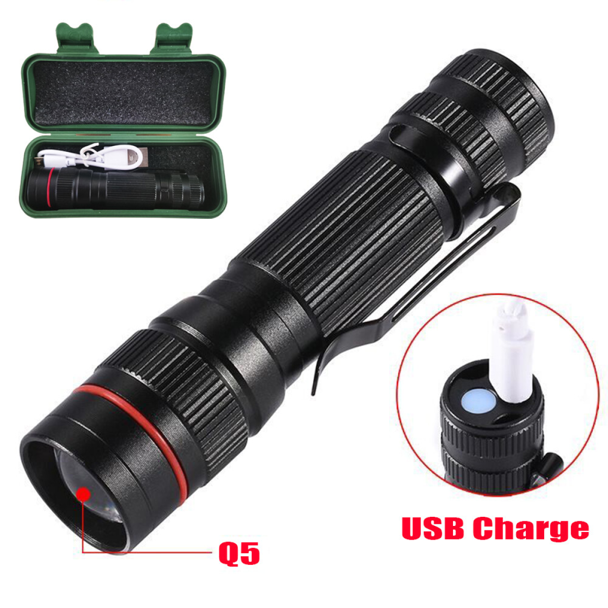 2 Pack USB Rechargeable LED Flashlight Adjustable Focus 3-Modes Outdoor Mini Flashlight