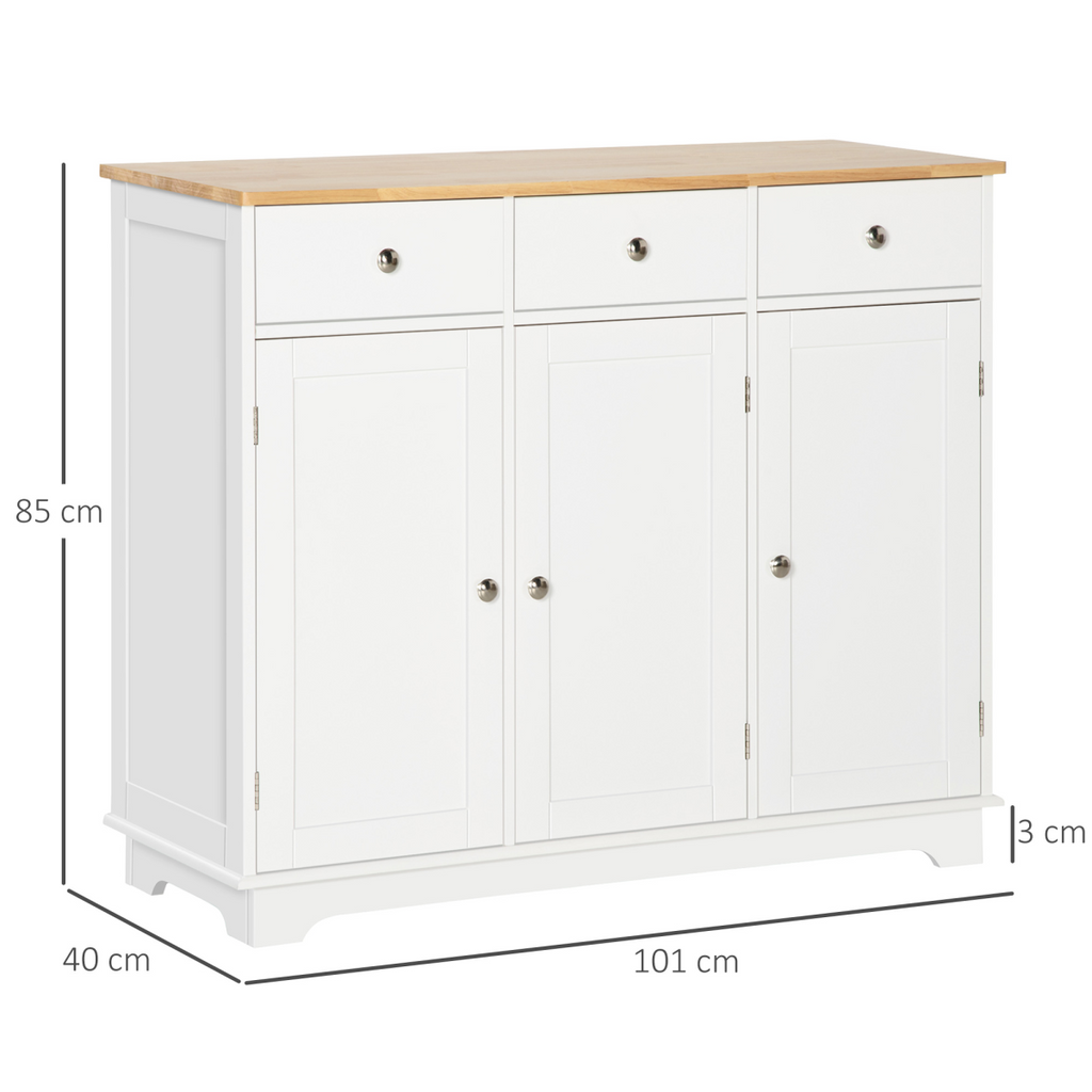 Sideboard with Rubberwood Top, Buffet Drawers and Adjustable Shelves White