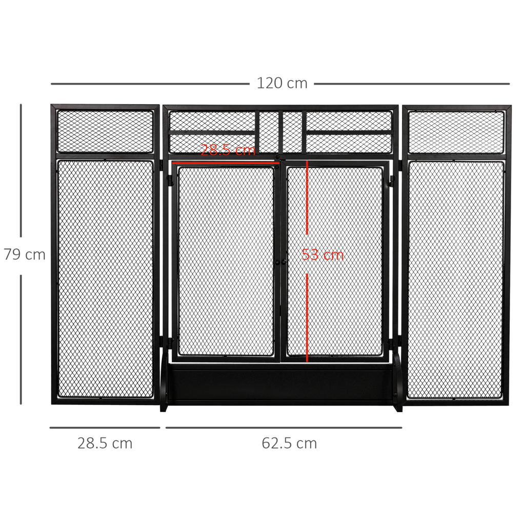 3-Panel Folding Fireplace Screen Spark Guard Metal Mesh Fireguard Black