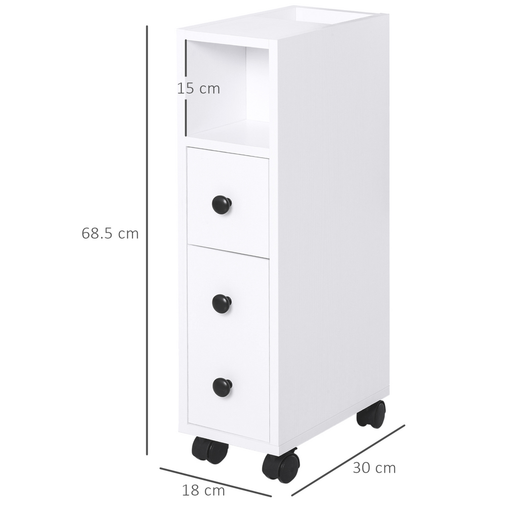 Slimline Bathroom Storage Unit with 2 Drawers 2 Open Compartments Wheels White