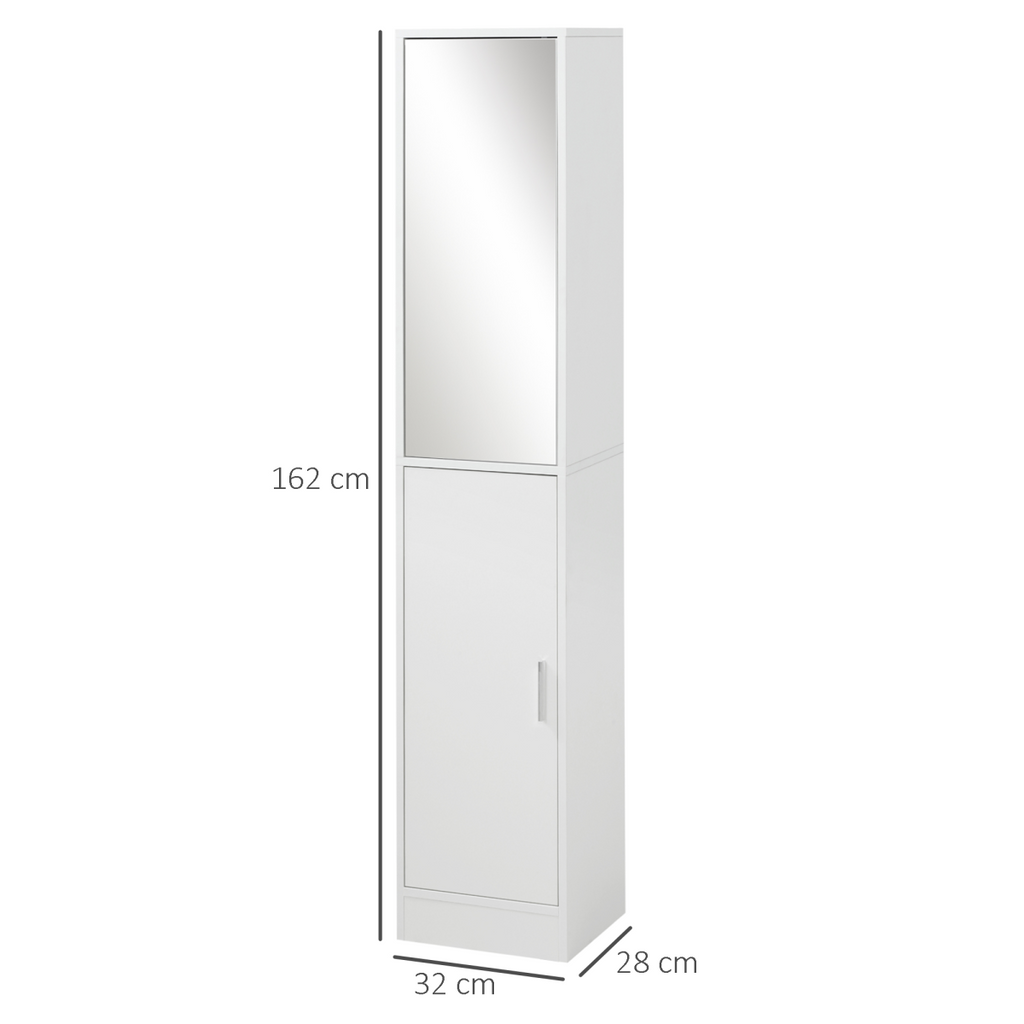 kleankin Tall Mirrored Bathroom Cabinet Tallboy Unit w/Adjustable Shelf White
