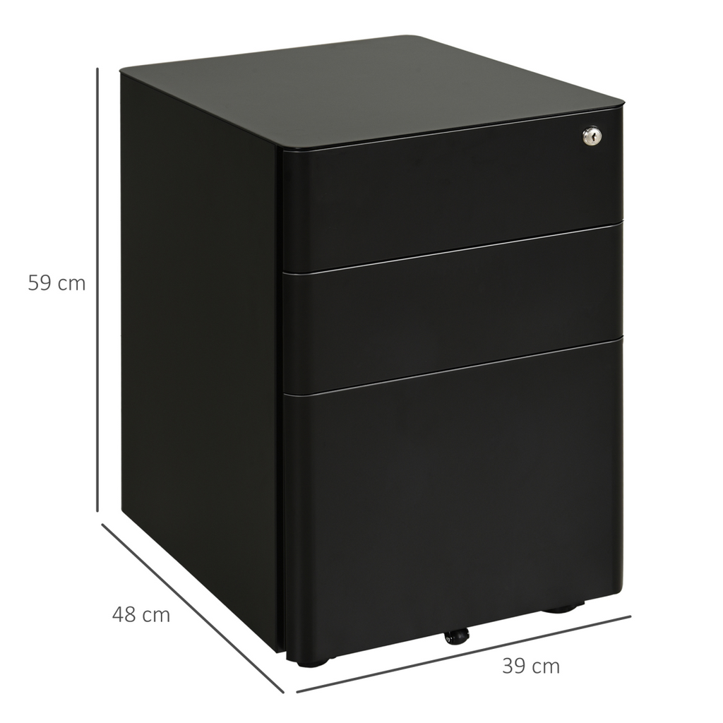 3 Draw Metal Filing Cabinet Lockable 4 Wheel Compact Under Desk Black Vinsetto