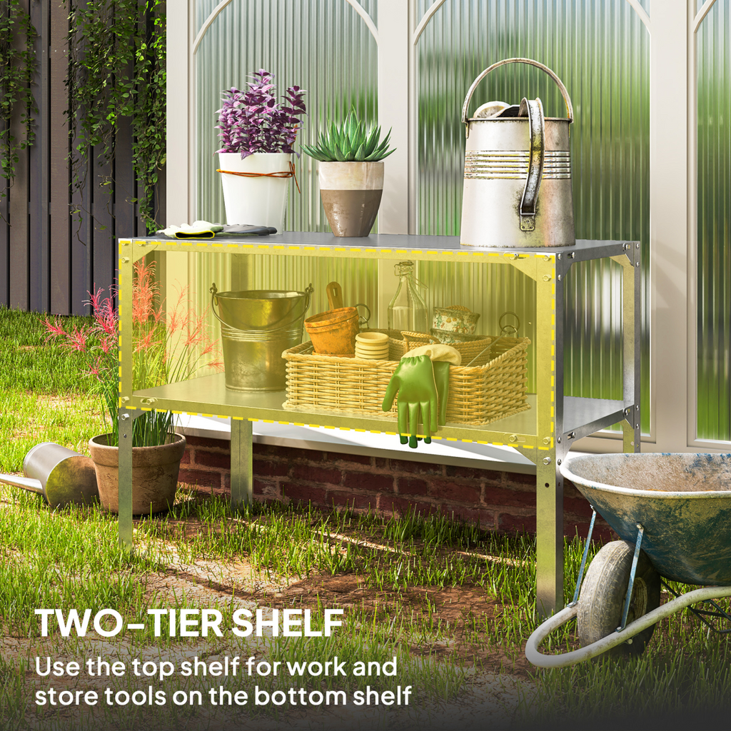 Outsunny 2 Tier Potting Bench Table, Galvanised Work Bench, Silver Tone