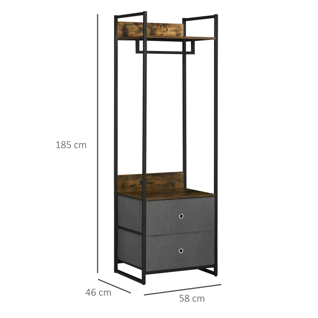 Industrial Clothes Rail Garment Rack with 2 Fabric Drawers Rustic Brown