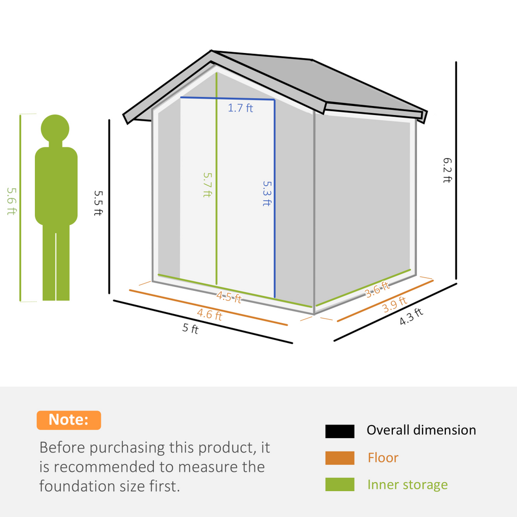 Outdoor Storage Shed, Sliding Door, Sloped Roof  152 x 132 x 188 cm, Grey
