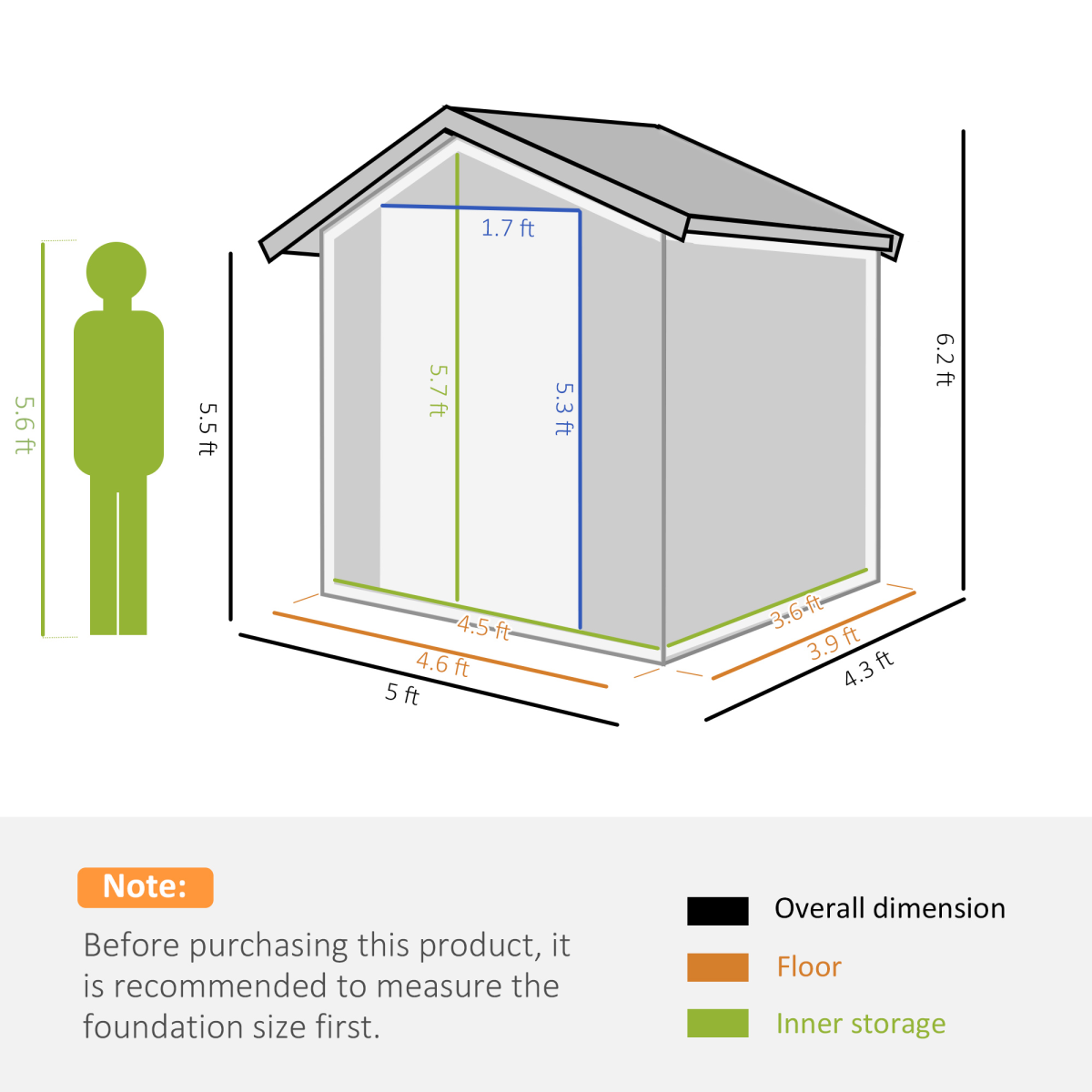 Outdoor Storage Shed, Sliding Door, Sloped Roof  152 x 132 x 188 cm, Grey