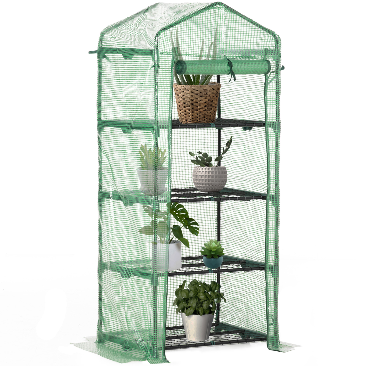 4-Tier Mini Greenhouse with Dark Green PE Cover – 160cm