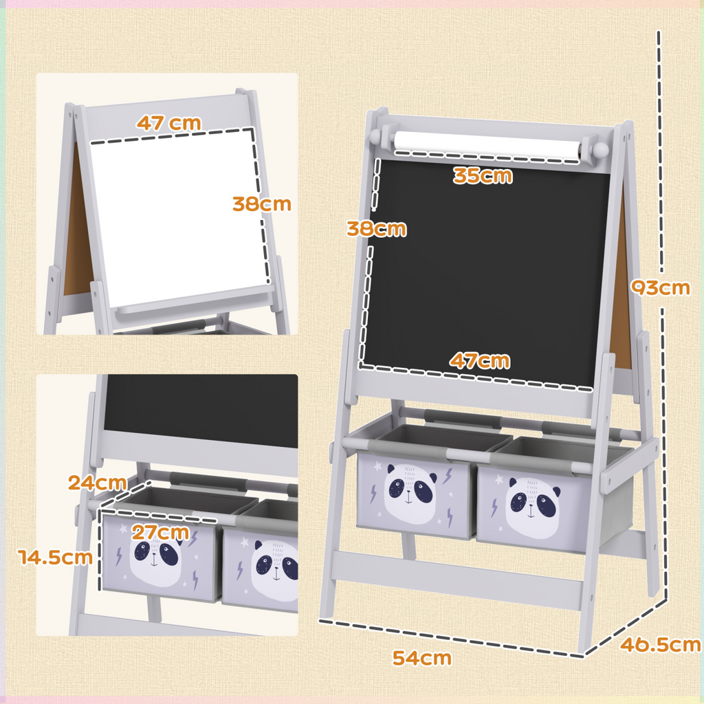 AIYAPLAY Kids Easel with Paper Roll, Blackboard, Whiteboard, Storage, Grey