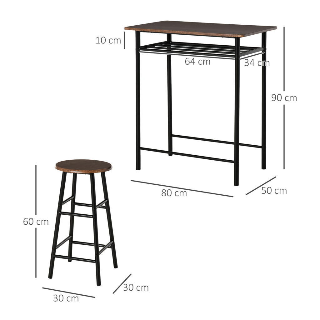Bar Set includes 1 Bar Table and 2 Stools with Metal Frame Black and Oak