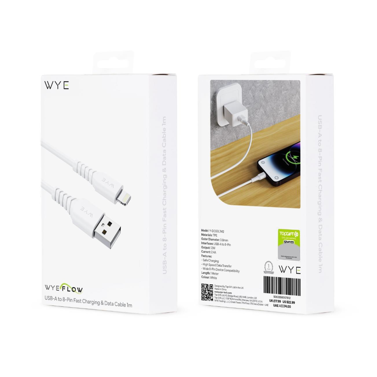 WYE USB-A to 8 Pin Fast Charging & Data Cable 1m